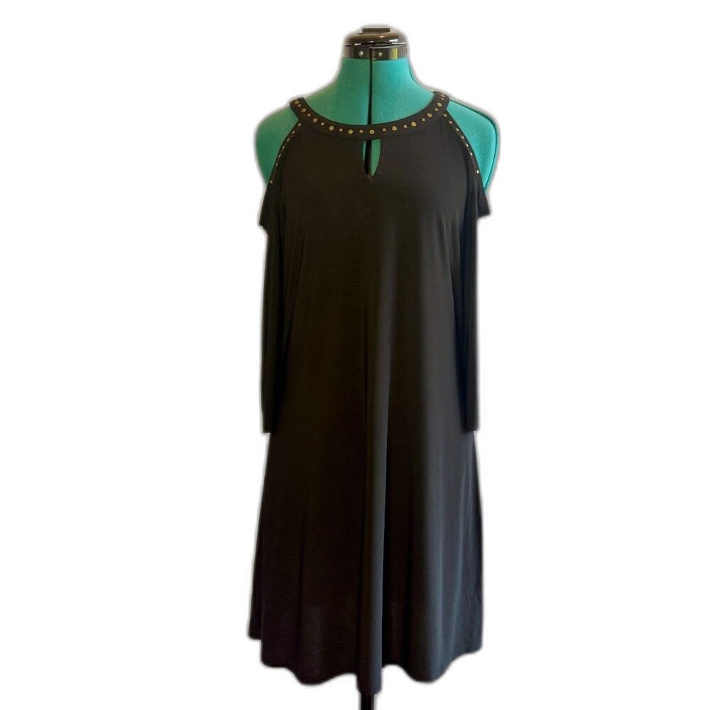 Perception Concept cold shoulder dress with brass studded neckline. Size medium